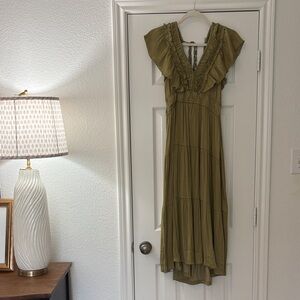 Tahari Olive Ruffle V-Neck Maxi Dress